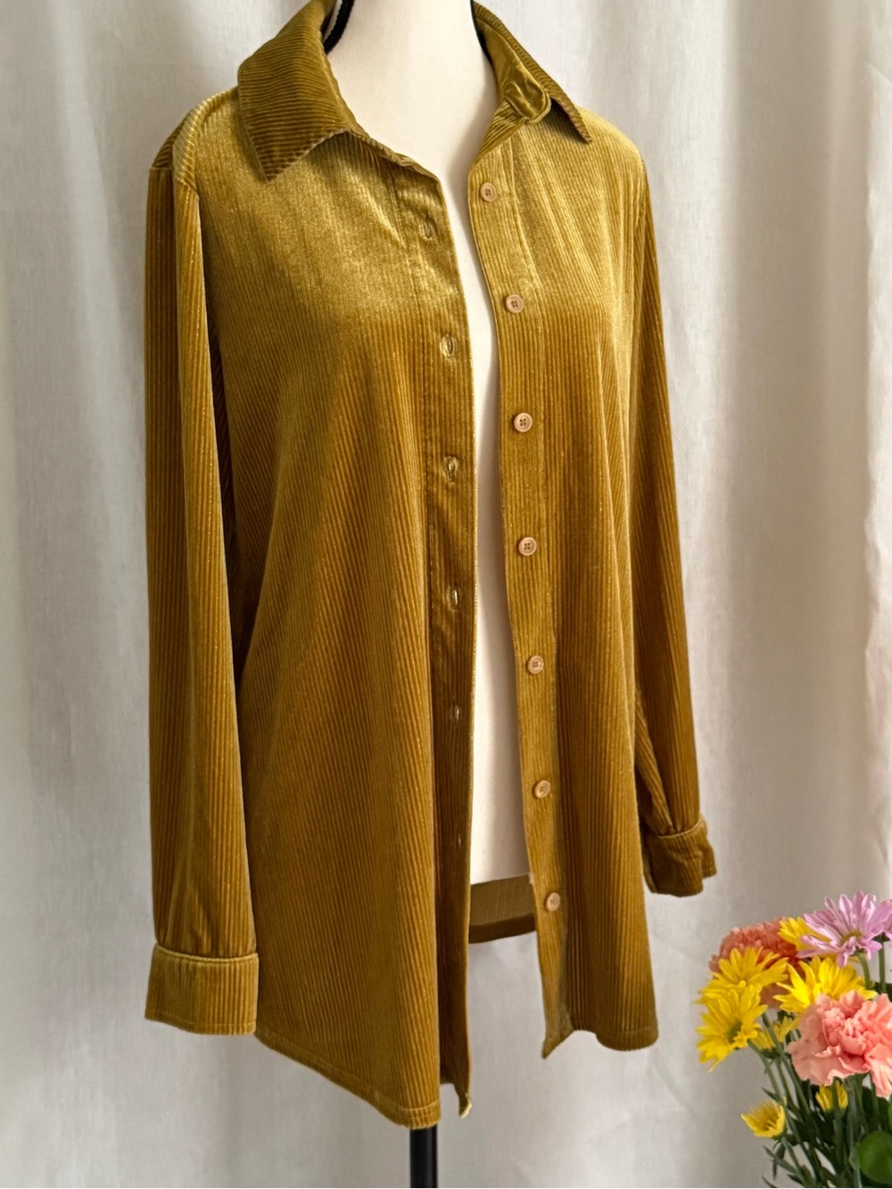 Soft Surroundings Antique Gold Velvet Ribbed Button Front Shirt Shacket S Small